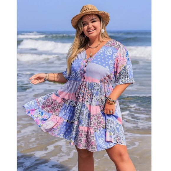 Rusttydustty Dress 3XL Purple V-Neck Short Sleeve Tiered Floral Mini Patchwork - Picture 1 of 15